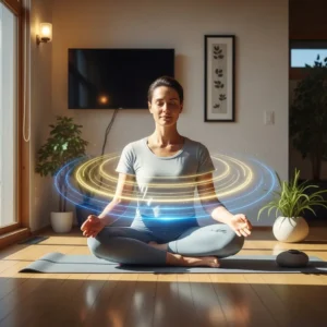 Person meditating with glowing aura for stress relief and mental clarity
