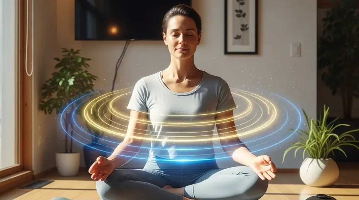 Person meditating with glowing aura for stress relief and mental clarity